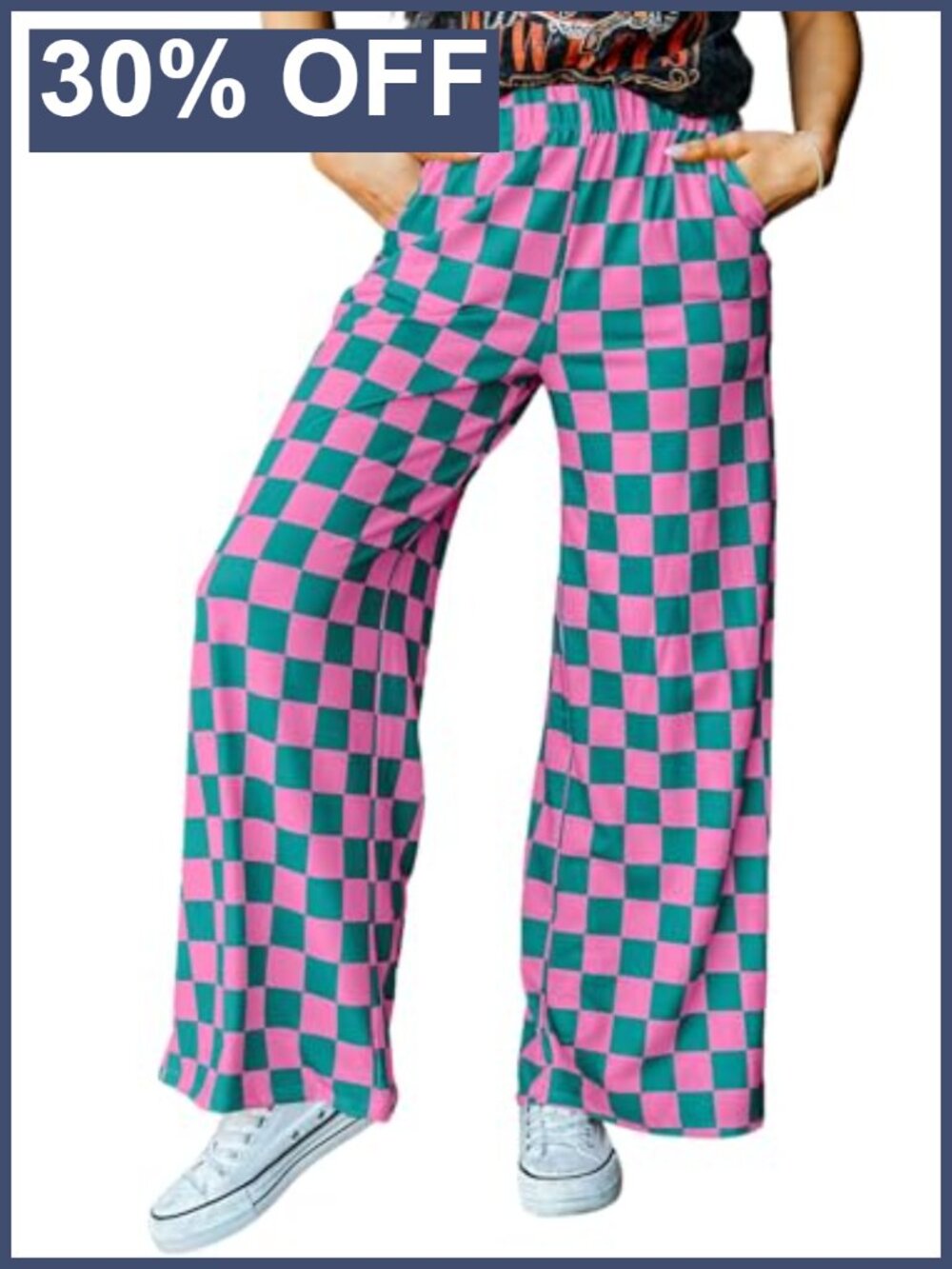 Womens Checkered Palazzo Pants Elastic Waist Wide Leg